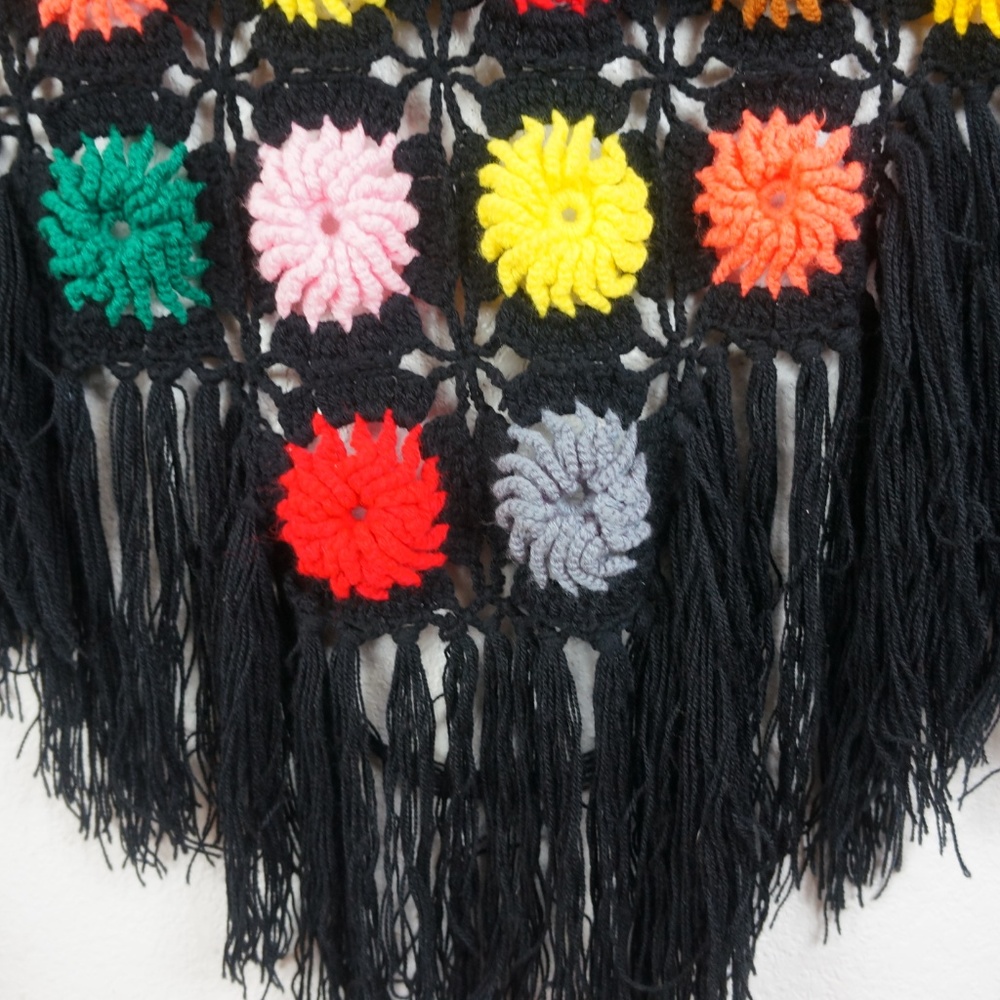 SOLD ON ETSY 60's Granny Square Shawl Colorful Long Fringed - Picture 6 of 8